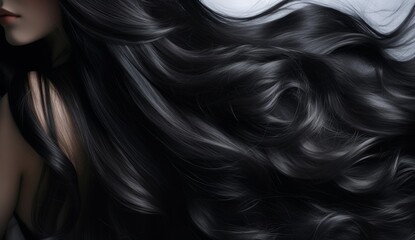 Portrait of elegant stylish young woman with long dark curly healthy shiny hair and makeup on grey banner background. Generative AI. - obrazy, fototapety, plakaty