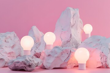 Pink and pink light bulbs, rocks and love