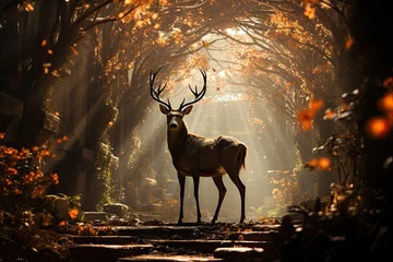 Foto auf Acrylglas Golden deer in enchanted forest., generative IA © JONATAS