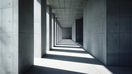 Symmetrical view of a long corridor with concrete columns and shadow play from the sunlight.
