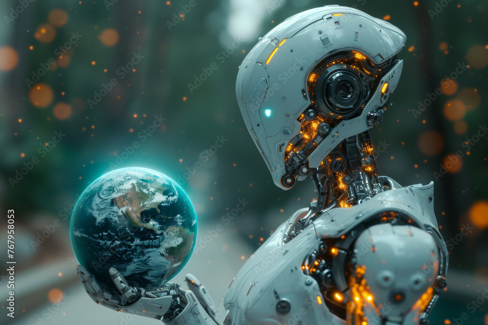 Poster cyborg robot holding earth in one hand and binary code.