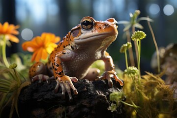 Frog interacts with children in educational terrarium., generative IA - obrazy, fototapety, plakaty