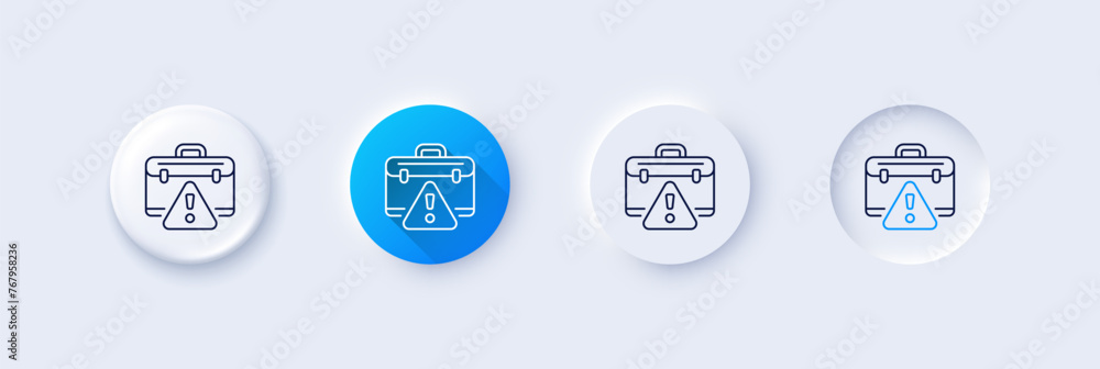 Poster warning briefcase line icon. neumorphic, blue gradient, 3d pin buttons. attention triangle sign. cau