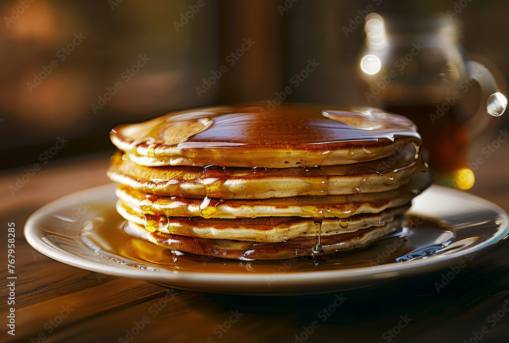 Poster stack of pancakes with syrup. an editorial shot of a pancakes covered in syrup on a table