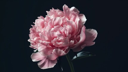 Close-up of a blooming pink peony against a dark background, highlighting its delicate petals.