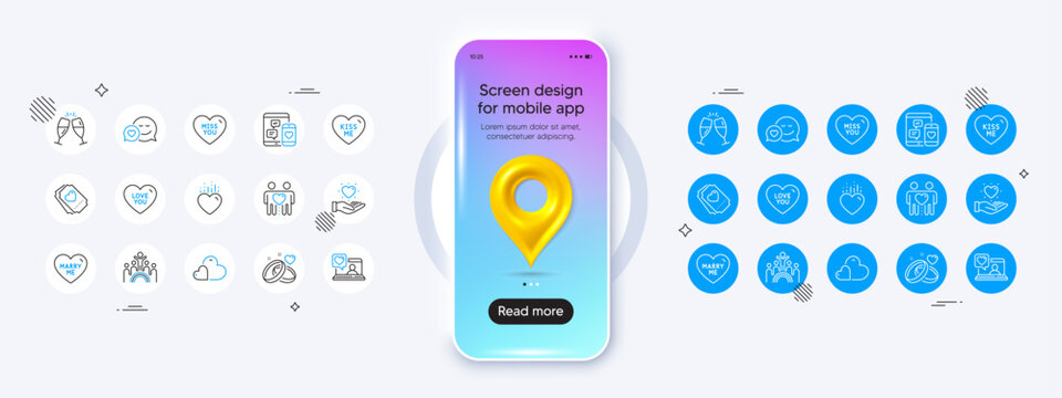 Phone mockup with 3d map pin icon. Friends chat, Miss you and Dating line icons. Pack of Hold heart, Care, Friends couple icon. Love you, Marry me, Love ticket pictogram. Vector