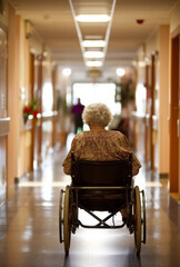 Senior woman in wheelchair. Elderly woman sitting in wheelchair in nursing home