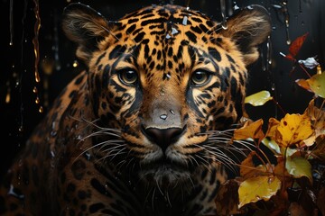 Exhibition displays majestic jaguar in nature., generative IA