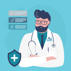 Medical consultation avatar, online healthcare pharmacist expert, smiling therapist. Male cardiologist character, stethoscope, shield. Young man doctor portrait,