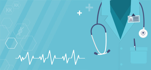 Concept of medicine and healthcare, horizontal banner template, place for text. Doctor in coat with stethoscope. Medical consultation, pharmacist expert, therapist. First aid.