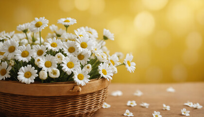 Closeup of wild spring flowers in wooden basket in front of simple background  - obrazy, fototapety, plakaty