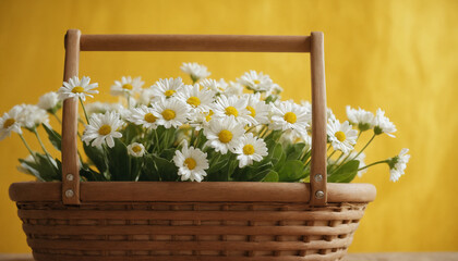 Closeup of wild spring flowers in wooden basket in front of simple background 