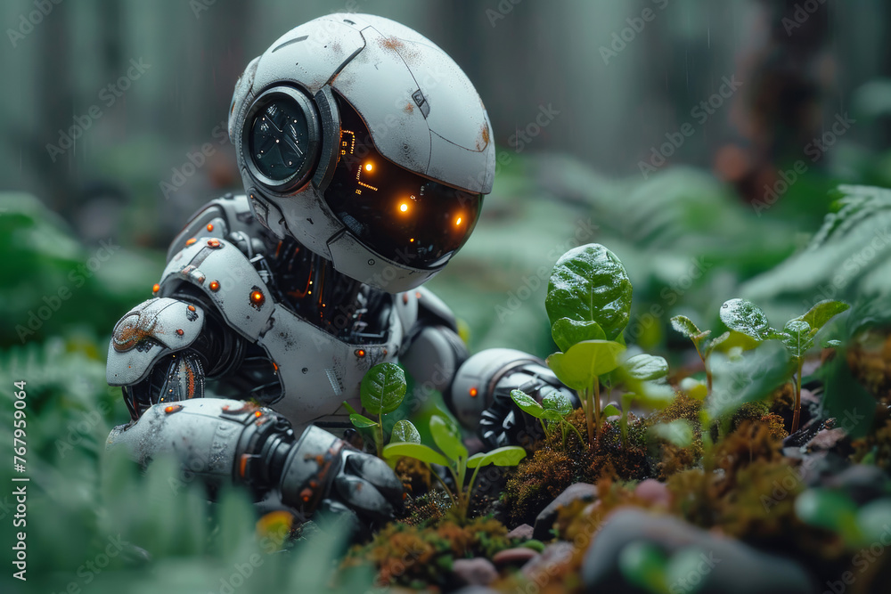Aufkleber cyborg in forest with plants artificial intelligence and robotics concept
