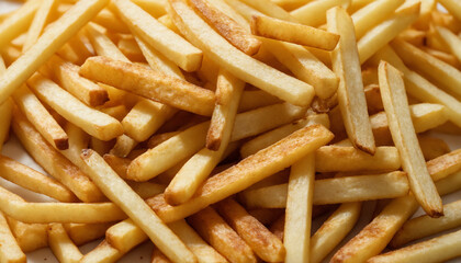 Closeup of delicious fries in front of white background 