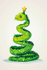 Cute smiling cartoon green snake curves in shape of Christmas tree. Funny snake pretending to be a Christmas tree. Symbol of 2025 New year illustration for calendar, greeting card, poster print design
