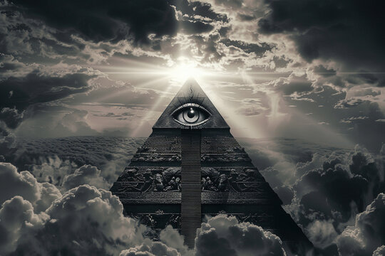 Eye in the sky, open-door pyramid, encircled by clouds.