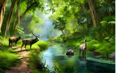 Animals walking on the trail made by the water's edge in the green dense forest