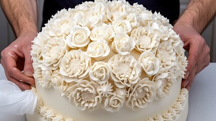 A vintage-inspired cake decorated with cascading sugar roses and delicate lace-like details, reminiscent of a bygone era.