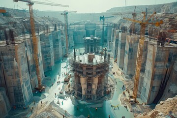 Colossal construction site in mountains of the Middle East, ambitious project. Lots of towering cranes and workers working under magnitude plan. Investments and large-scale business