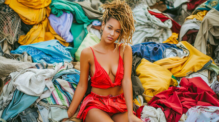 Young beautiful woman fashion victim sits on a heap of her clothes. Shopaholic. Ecological and sustainable fashion, reduce waste concept. conscious, reasonable clothing consumption. - obrazy, fototapety, plakaty