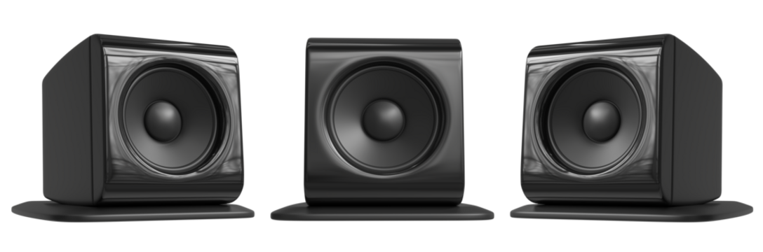 Set black acoustic 3d system. A new black bookshelf speaker isolated on white background. Clipping path.