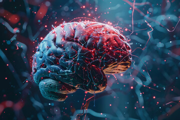 Alzheimer's disease - A 3D neural network representation of a human brain slowly decaying and losing connections, with synapses fading away. - obrazy, fototapety, plakaty