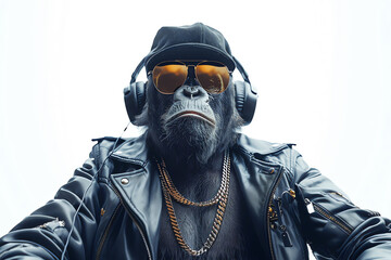 gorilla with headphone, AI generated - obrazy, fototapety, plakaty