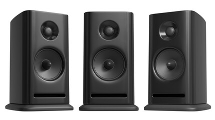 Set black acoustic 3d system. A new black bookshelf speaker isolated on white background. Clipping path.