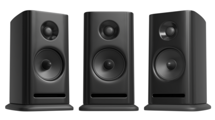 Set black acoustic 3d system. A new black bookshelf speaker isolated on white background. Clipping path.