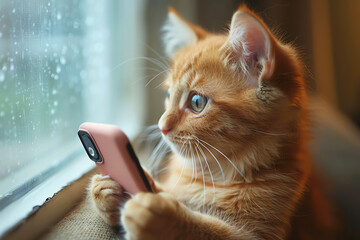cute kitten with smartphone, AI generated