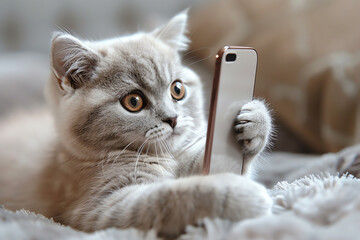 cute kitten with smartphone, AI generated