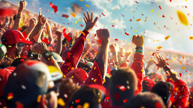 Sports fans lift the spirits. Formula 1 racing cars during competition. men raises their hands in jubilation. F1 fans celebrating victory of the pilot. Sport fans cheering up racers during competition