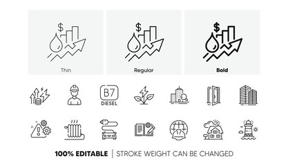 Car charge, Lighthouse and Open door line icons. Pack of Inspect, Radiator, Realtor icon. Eco power, Foreman, Engineering documentation pictogram. Global engineering, Warning, Rise price. Vector