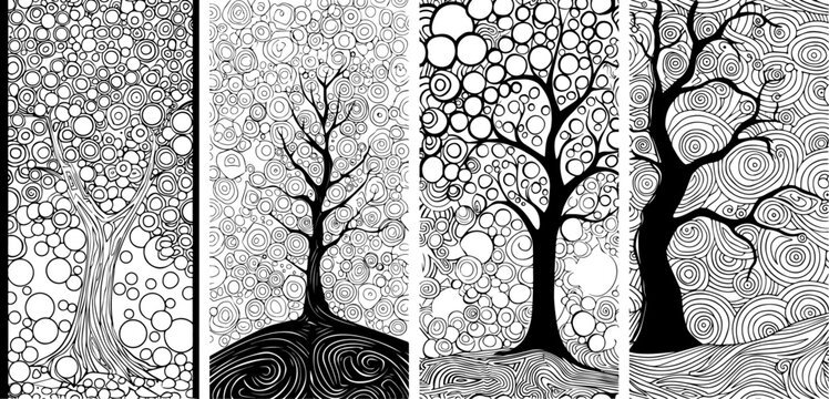 decorative trees drawn with thin lines round abstract patterns black vector illustration laser cutting engraving