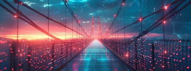 A conceptual image of a digital bridge spanning a divide, representing secure connections within supply chains, with protective barriers along its length to symbolize cybersecurity measures. - obrazy, fototapety, plakaty