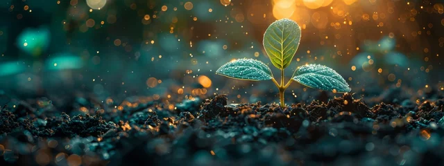 Fotobehang A conceptual image of a digital seedling, protected by a GenAI dome, symbolizing growth and protection in cybersecurity. © Exnoi