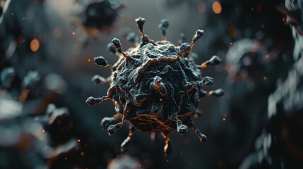COVID-19 infection - The SARS-CoV-2 virus particle rendered as a metallic spherical mechanism with dynamic spikes attaching to human cell receptors. - obrazy, fototapety, plakaty