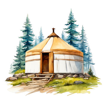 recommend clip art: An off grid yurt tucked, in wild forest, watercolor illustration, clipart, travel, camping, trekking, for scrapbook, journal planning, cutout on white background, tent