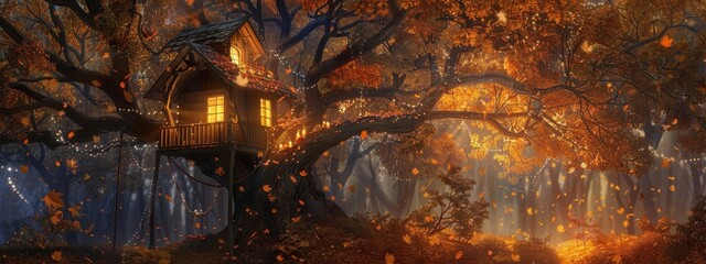A cozy night in a treehouse, surrounded by a sea of autumn leaves. - obrazy, fototapety, plakaty