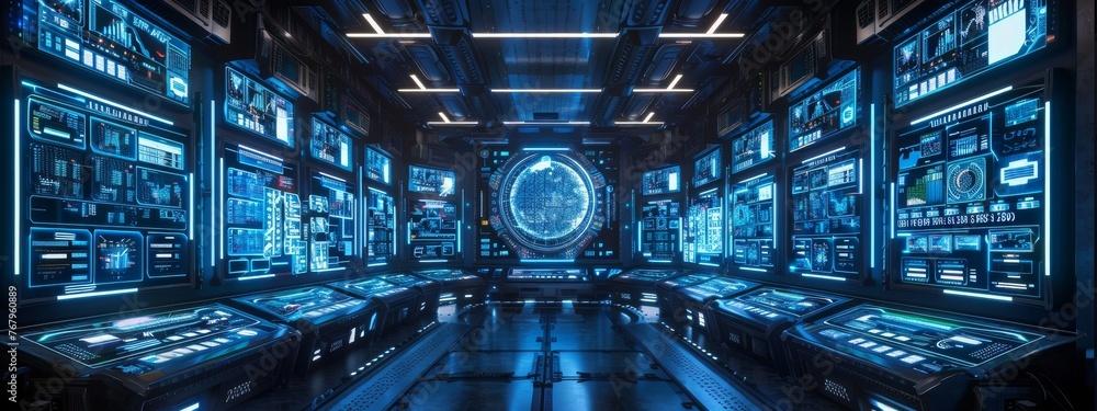 Poster a cybersecurity command center filled with screens displaying ai algorithms, highlighting the role o
