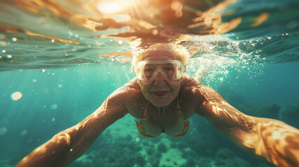 senior woman swimming in lake, golden hour, recreational, underwater angle.