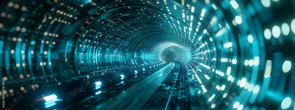 Poster a cyberspace journey through a tunnel of data, representing the path from cybersecurity investment t