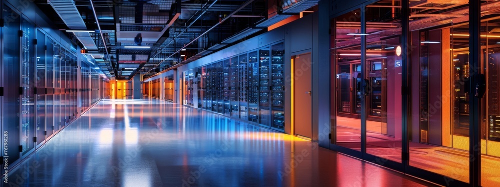 Poster a data center with visible cybersecurity enhancements, highlighting investment impacts, framed to in