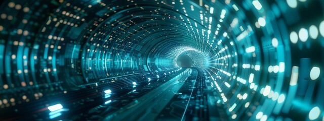 A cyberspace journey through a tunnel of data, representing the path from cybersecurity investment to outcomes, with margins for textual content. - obrazy, fototapety, plakaty