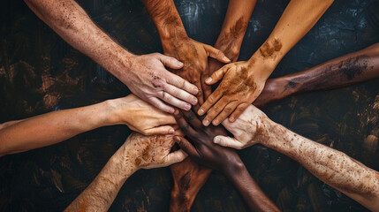 A diverse array of arms entwined, symbolizing unity and solidarity among people of different ethnicities. - obrazy, fototapety, plakaty