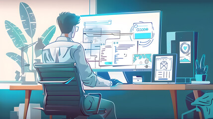 Man working at desk on modern computer back side view illustration. Modern user interface on screen
