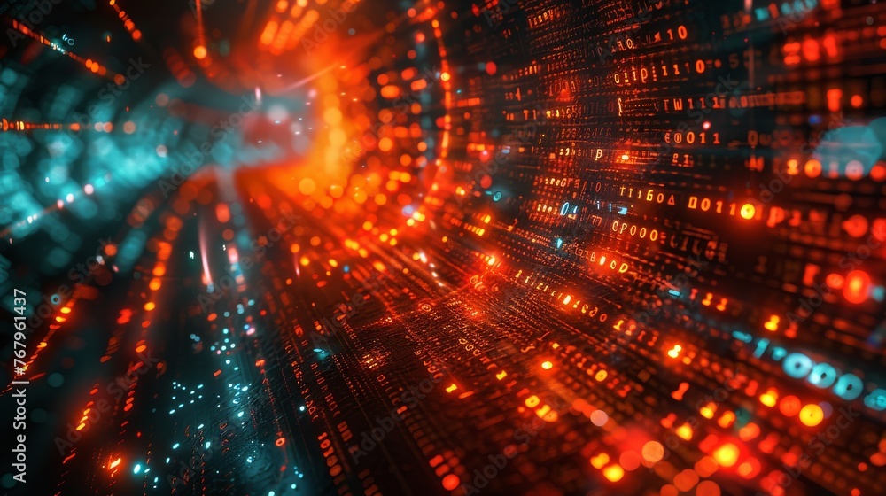 Poster a depiction of secure data transmission through a quantum network, highlighting encrypted data strea