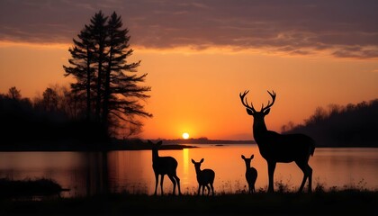 Fototapeta na wymiar A Family Of Deer Silhouetted Against A Sunset