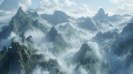 mountain ranges in misty clouds, for landscape backdrops