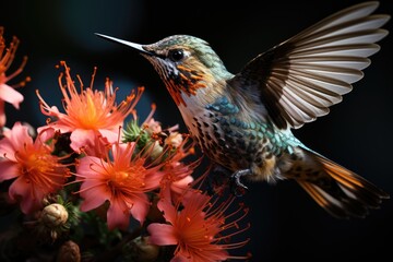 Hummingbird exploring colorful flowers in biology class., generative IA